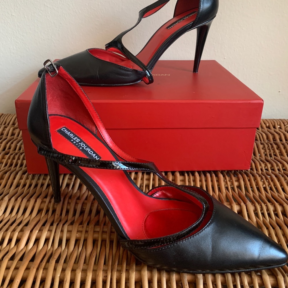 Sexy Charles Jourdan Black Leather Evening Heels sz 10